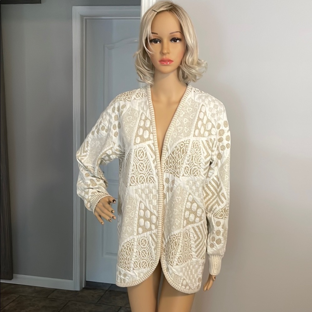 Robbie Bee Sport Vintage Cream Patterned Open Cardigan Made in USA🇺🇸